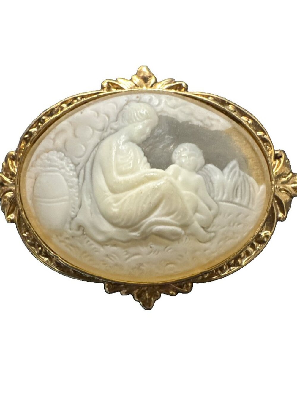 1928 Vintage Brooch Gold tone MOTHER & CHILD CAMEO Brooch